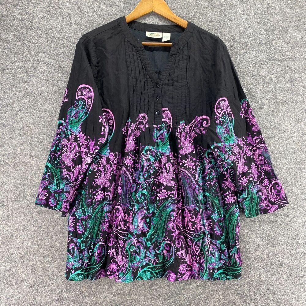 5/$45 Collections Blouse Women L Large Black Paisley V-Neck  3/4 Sleeve
